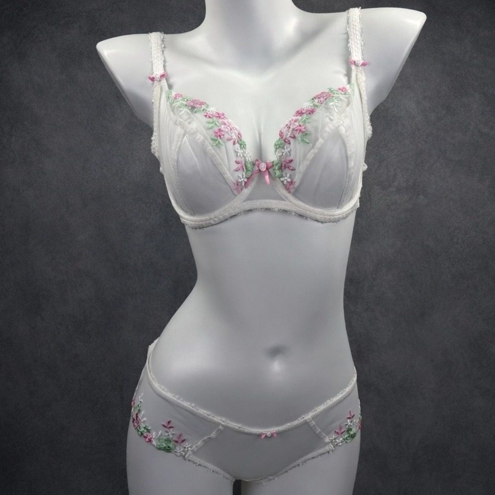 Freya 34D White Sheer‎ Floral Embroidered Bra Panty Lingerie Set Romantic